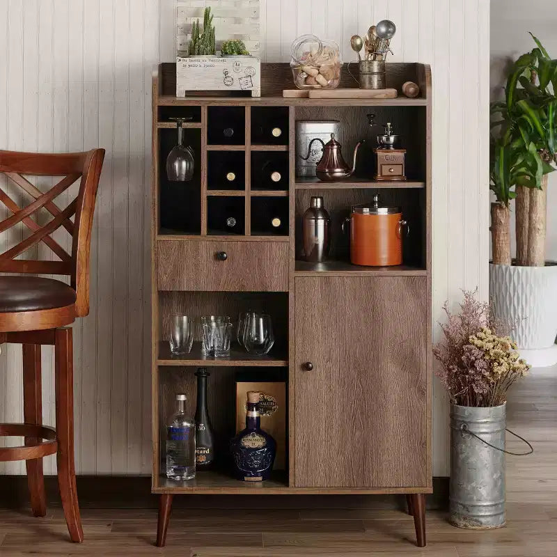 Mobile bar in noce anticato stile Mid-Century – 1 seduta, portabottiglie da 6 bottiglie