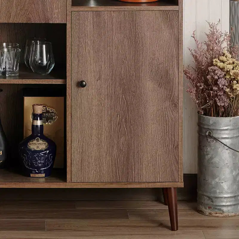 Mobile bar in noce anticato stile Mid-Century – 1 seduta, portabottiglie da 6 bottiglie