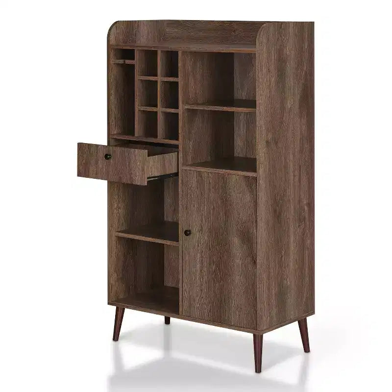 Mobile bar in noce anticato stile Mid-Century – 1 seduta, portabottiglie da 6 bottiglie