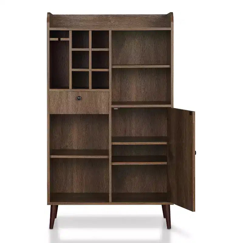 Mobile bar in noce anticato stile Mid-Century – 1 seduta, portabottiglie da 6 bottiglie