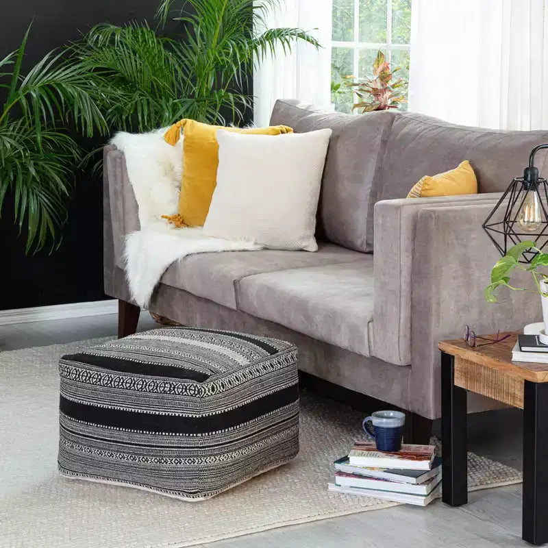 Wydown Pouf Black/Ivory - Anji Mountain: Handmade Bohemian Ottoman, Abstract Pattern, Textured Cotton, 23"x23"x17"