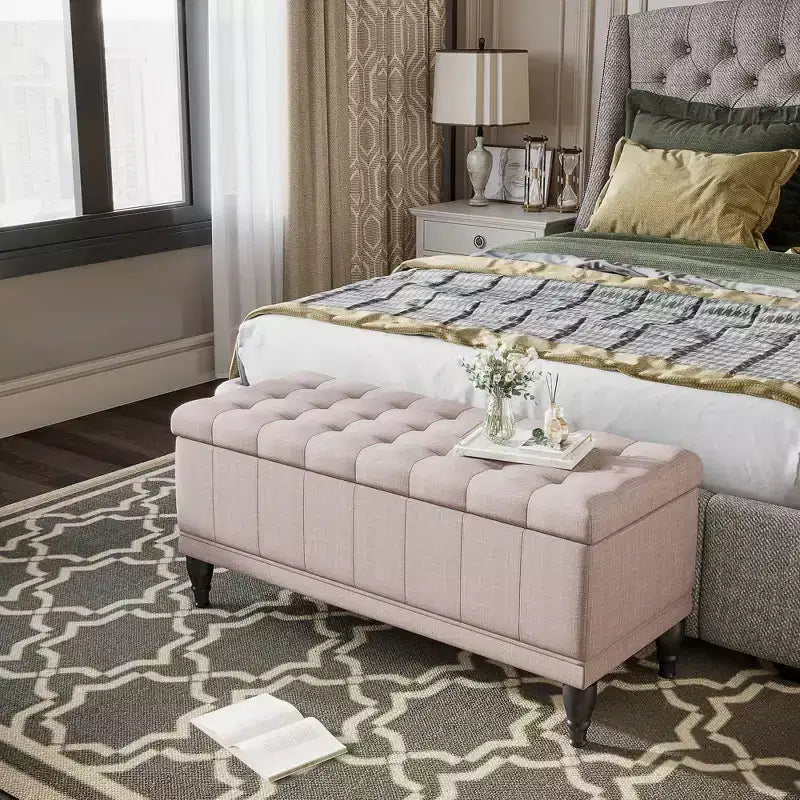 Grande panca pouf contenitore da 107 cm (42") in tessuto di lino trapuntato, 1 posto a sedere