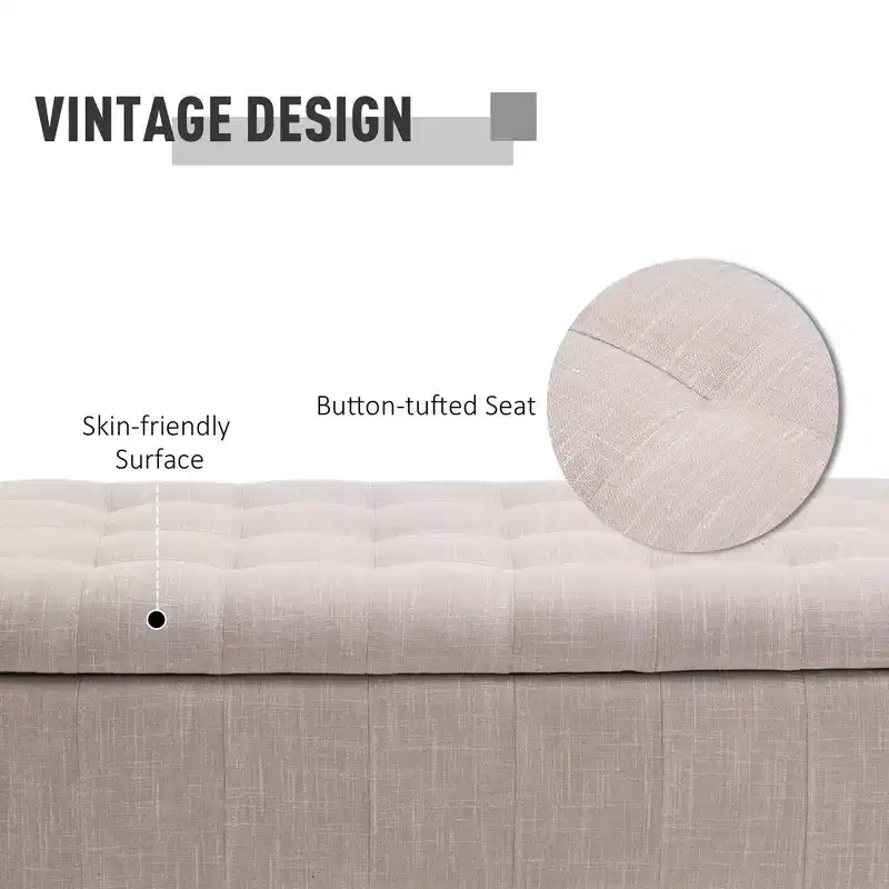 Grande panca pouf contenitore da 107 cm (42") in tessuto di lino trapuntato, 1 posto a sedere