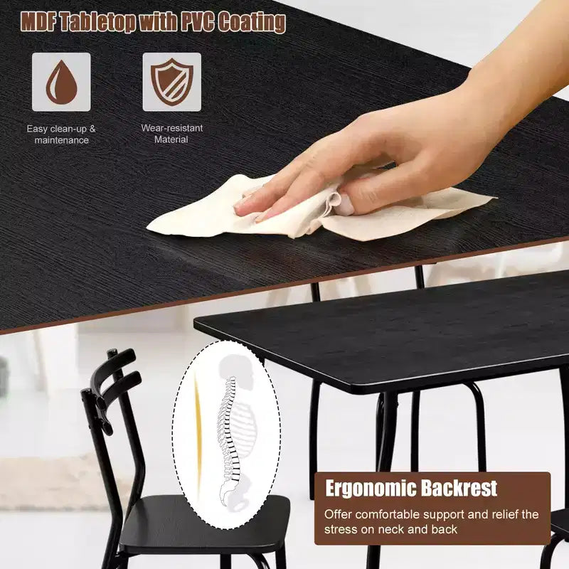 Set da pranzo rettangolare nero da 5 pezzi per 4 persone