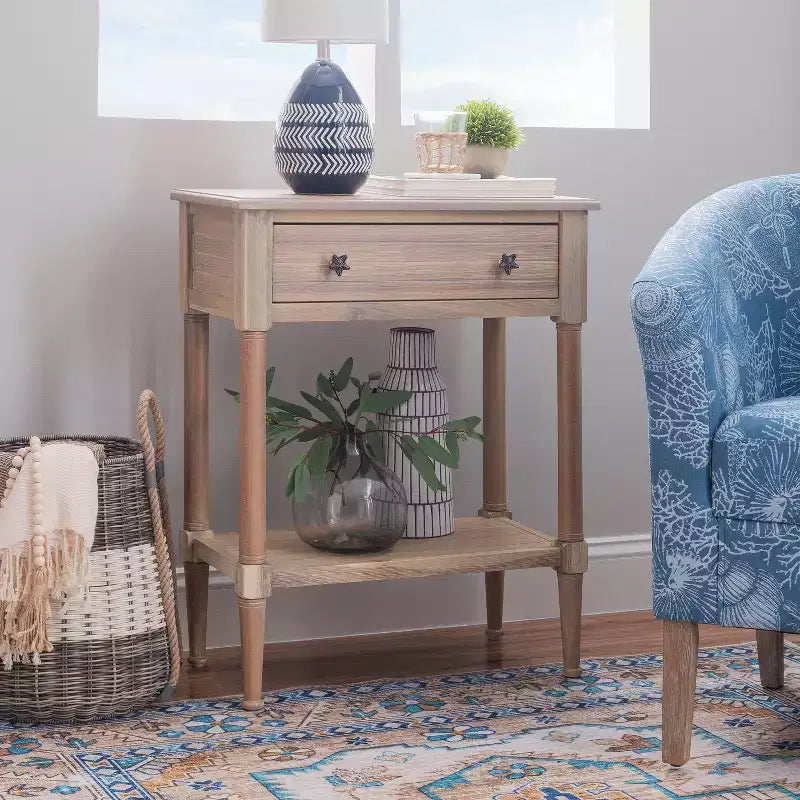 Tavolino rettangolare con cassetto – Naturale e blu navy