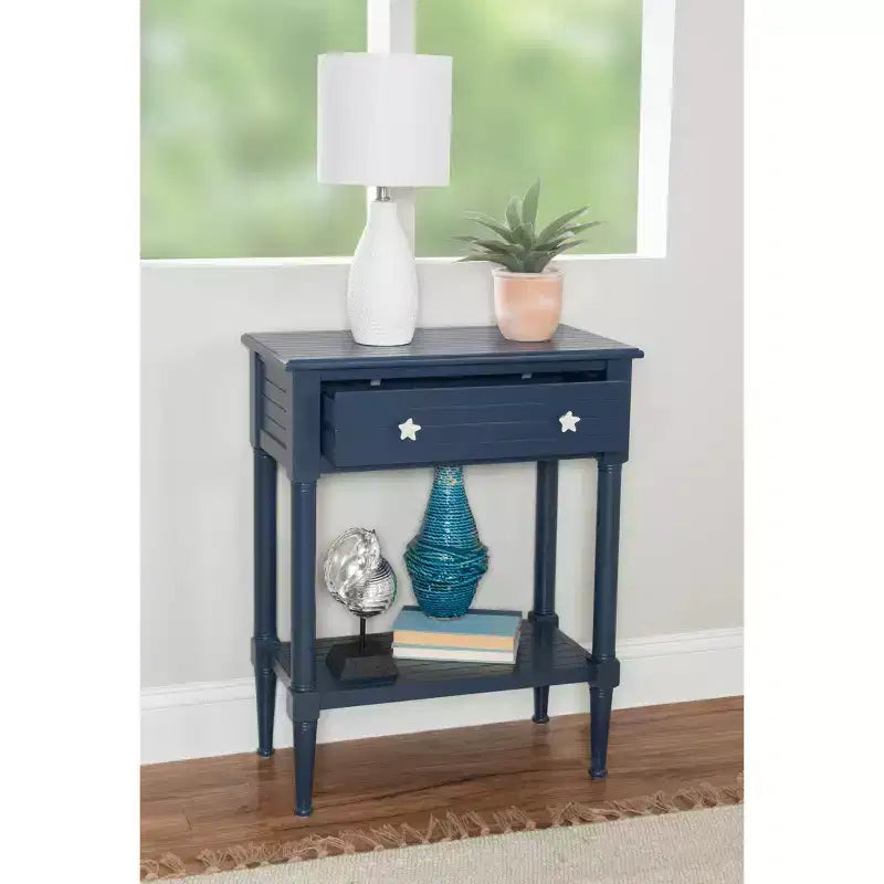 Tavolino rettangolare con cassetto – Naturale e blu navy
