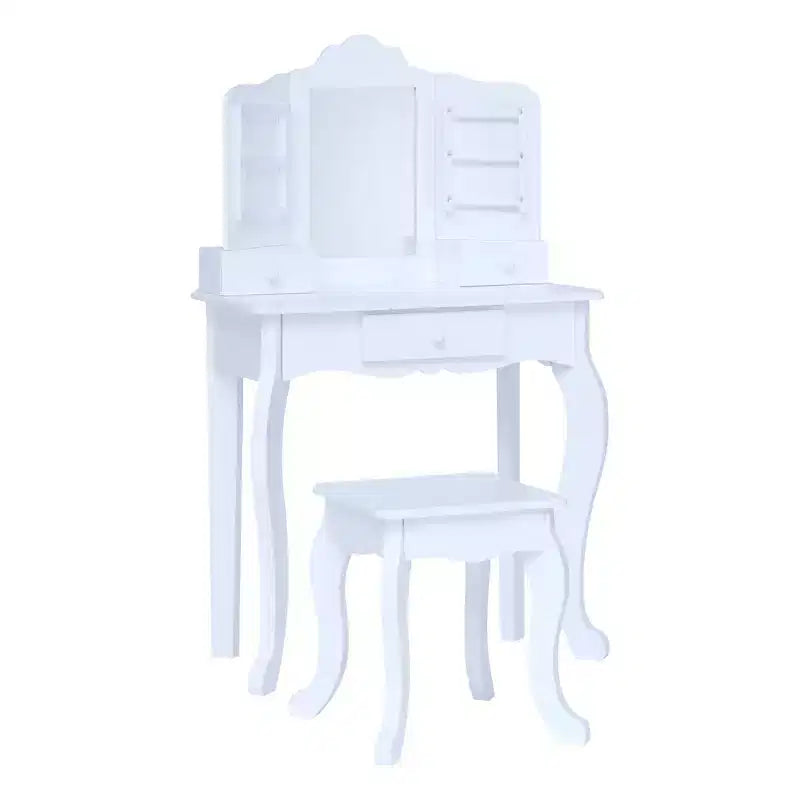 Set Tavolino da Trucco e Sgabello per Bambini Bianco con Specchio e Contenitore, per 1 Bambino
