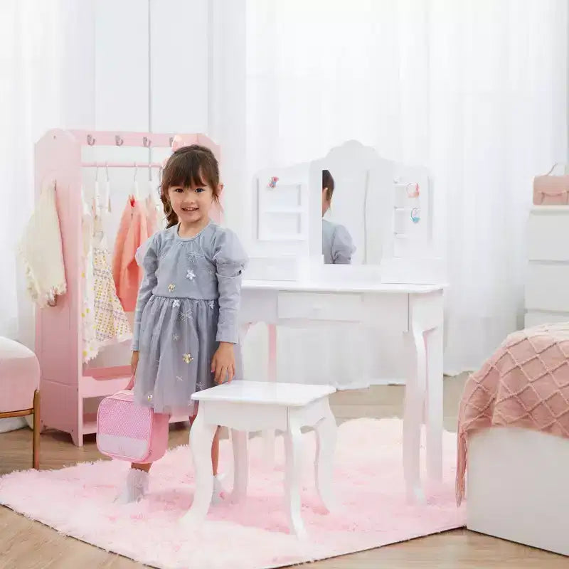 Set Tavolino da Trucco e Sgabello per Bambini Bianco con Specchio e Contenitore, per 1 Bambino