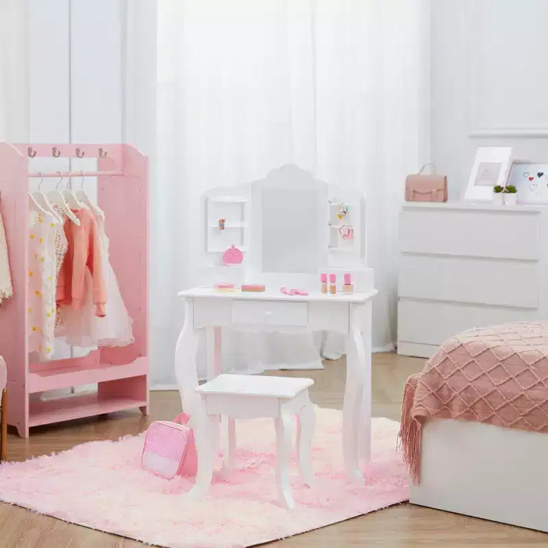 Set Tavolino da Trucco e Sgabello per Bambini Bianco con Specchio e Contenitore, per 1 Bambino