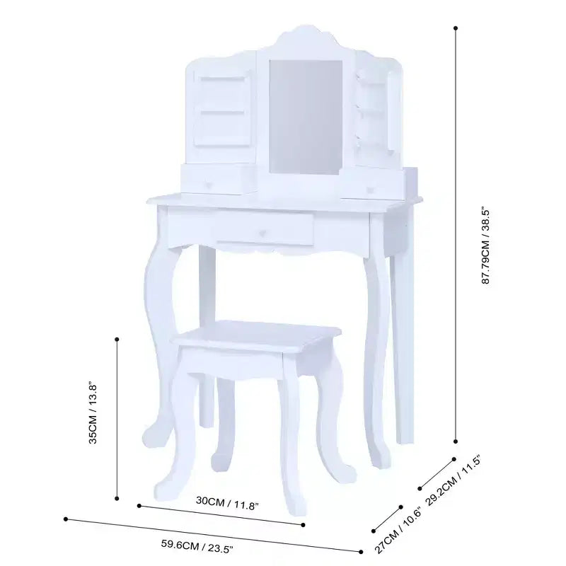 Set Tavolino da Trucco e Sgabello per Bambini Bianco con Specchio e Contenitore, per 1 Bambino