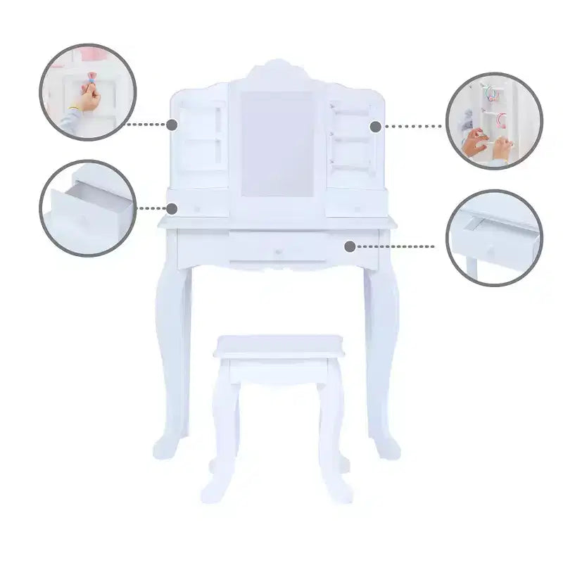 Set Tavolino da Trucco e Sgabello per Bambini Bianco con Specchio e Contenitore, per 1 Bambino