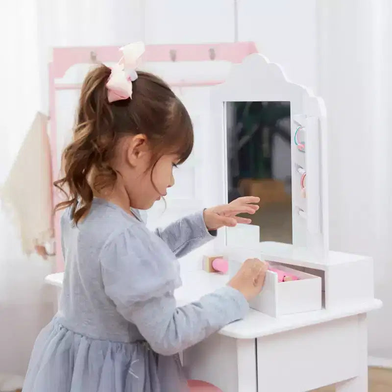 Set Tavolino da Trucco e Sgabello per Bambini Bianco con Specchio e Contenitore, per 1 Bambino