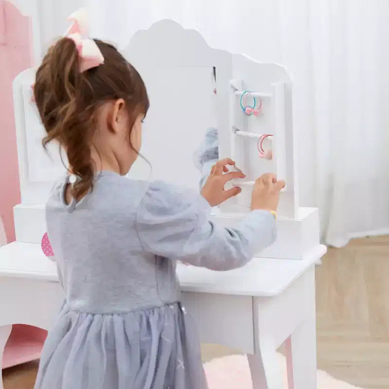 Set Tavolino da Trucco e Sgabello per Bambini Bianco con Specchio e Contenitore, per 1 Bambino