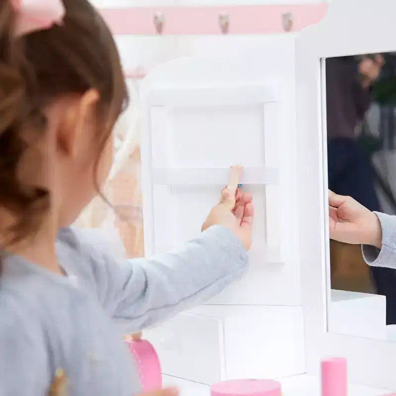 Set Tavolino da Trucco e Sgabello per Bambini Bianco con Specchio e Contenitore, per 1 Bambino